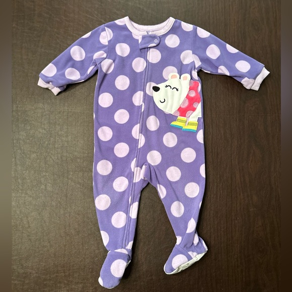 Carter’s Girls Size 12 Months Fleece Polar Bear Purple with Dots Footed Sleeper - Picture 1 of 4
